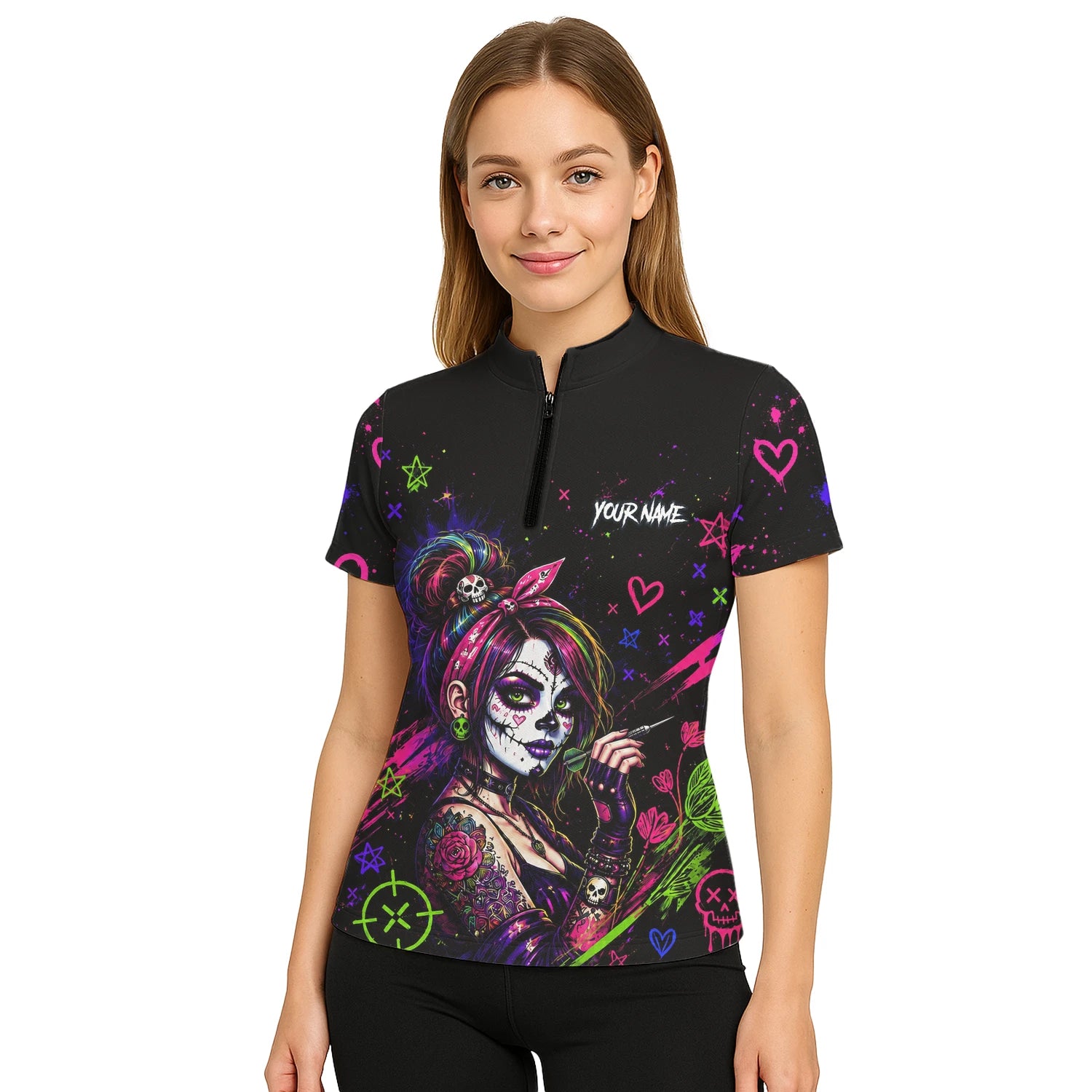 Personalisiertes Schwarz-neonfarbenes Sugar-Skull-Frauen-Dartshirt für Damen K745