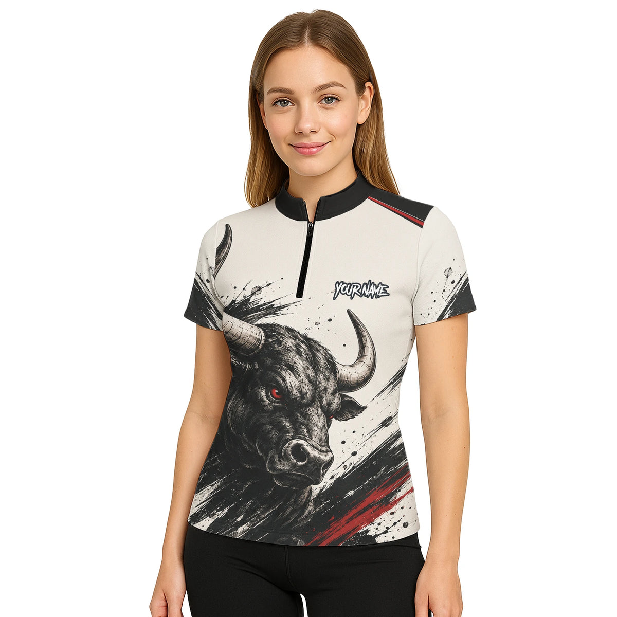 Personalisiertes Dartshirt mit weiß-schwarz-rotem Bullen für Damen H473