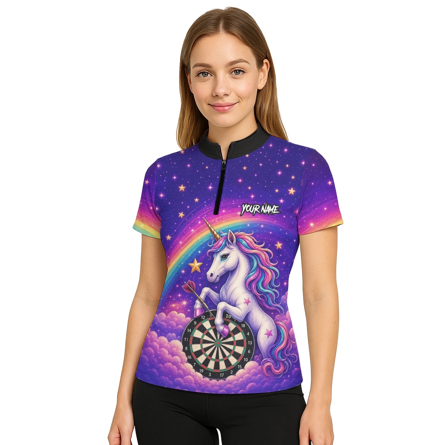 Personalisiertes Regenbogen-Einhorn Dart Poloshirt für Damen V221