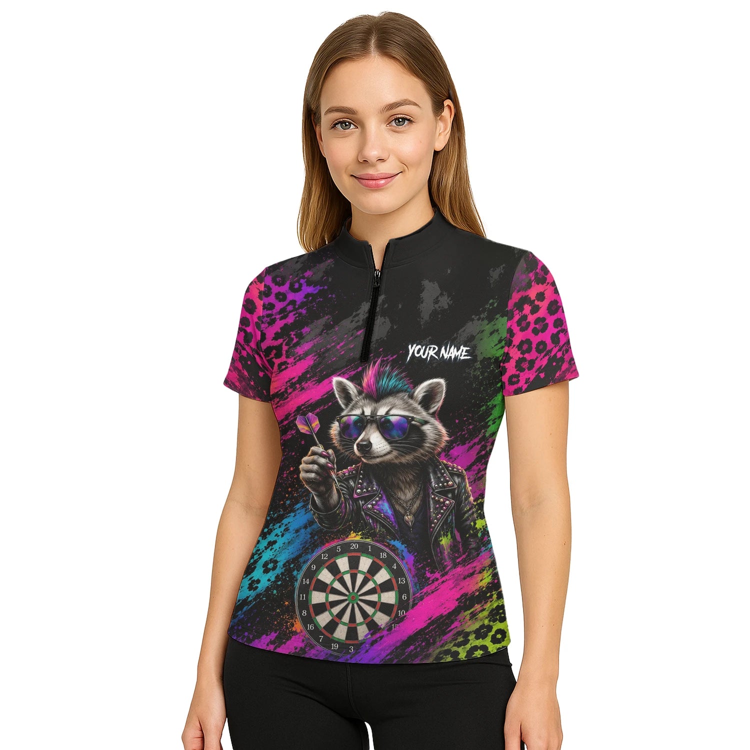 Personalisiertes Schwarz-buntes Punk-Waschbär-Dartboard Dartshirt für Damen E164