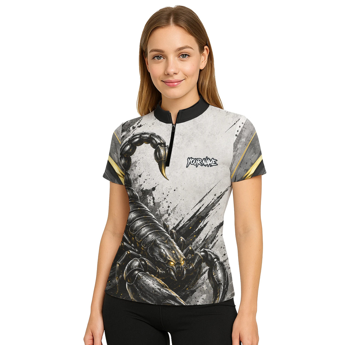 Personalisiertes Dartshirt mit weiß-schwarz-goldenem Skorpion für Damen S226