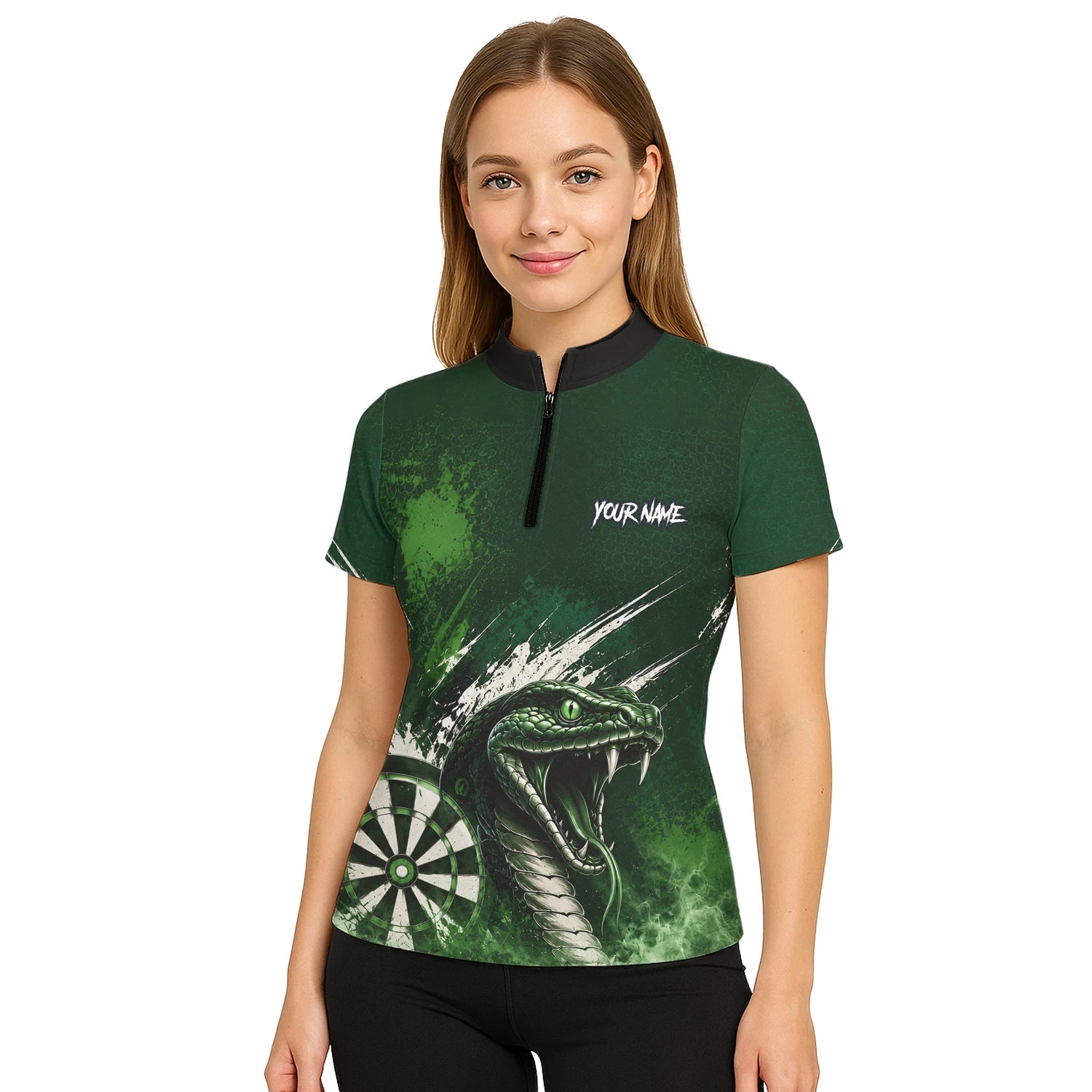 Personalisiertes Grün-schwarzes Kobra-Dartboard Dartshirt für Damen M244