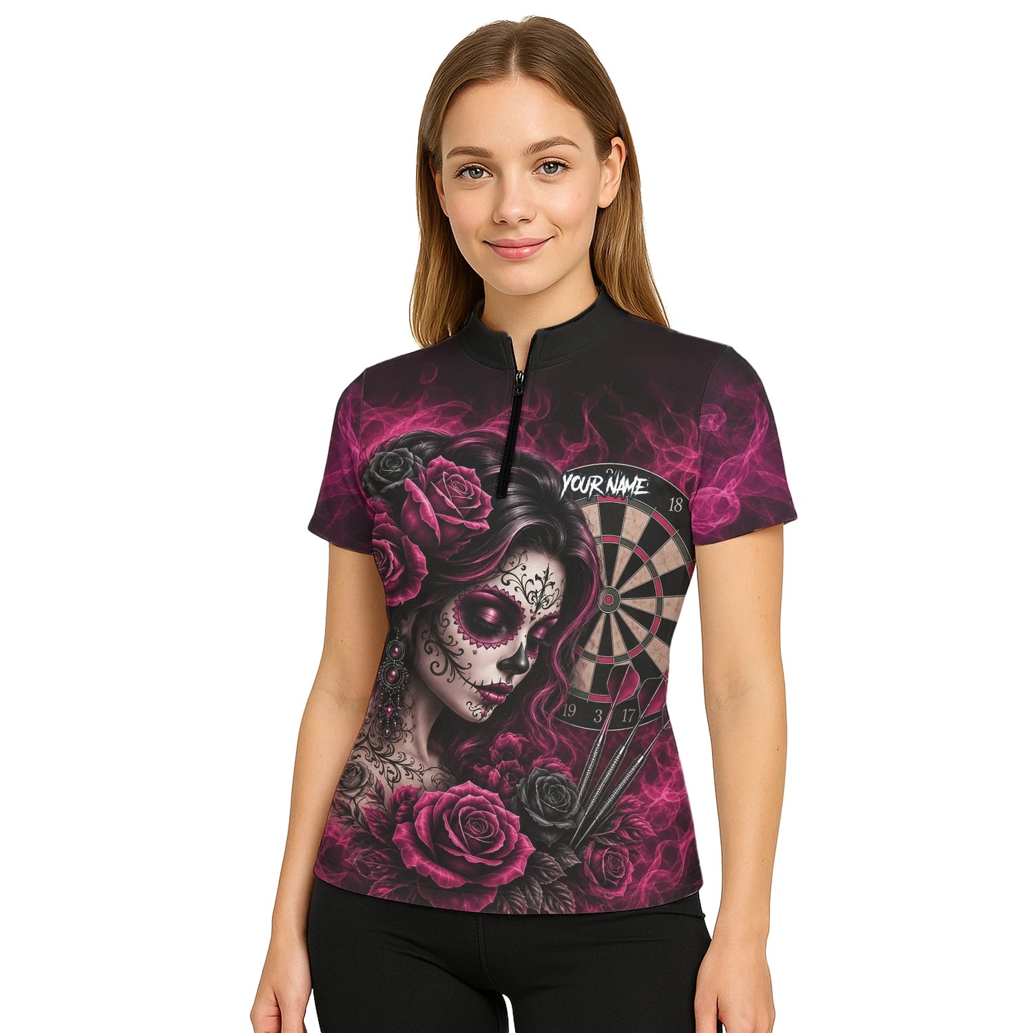 Personalisiertes Schwarz-pink Sugar-Skull-Rosen-Dartshirt für Damen Z109