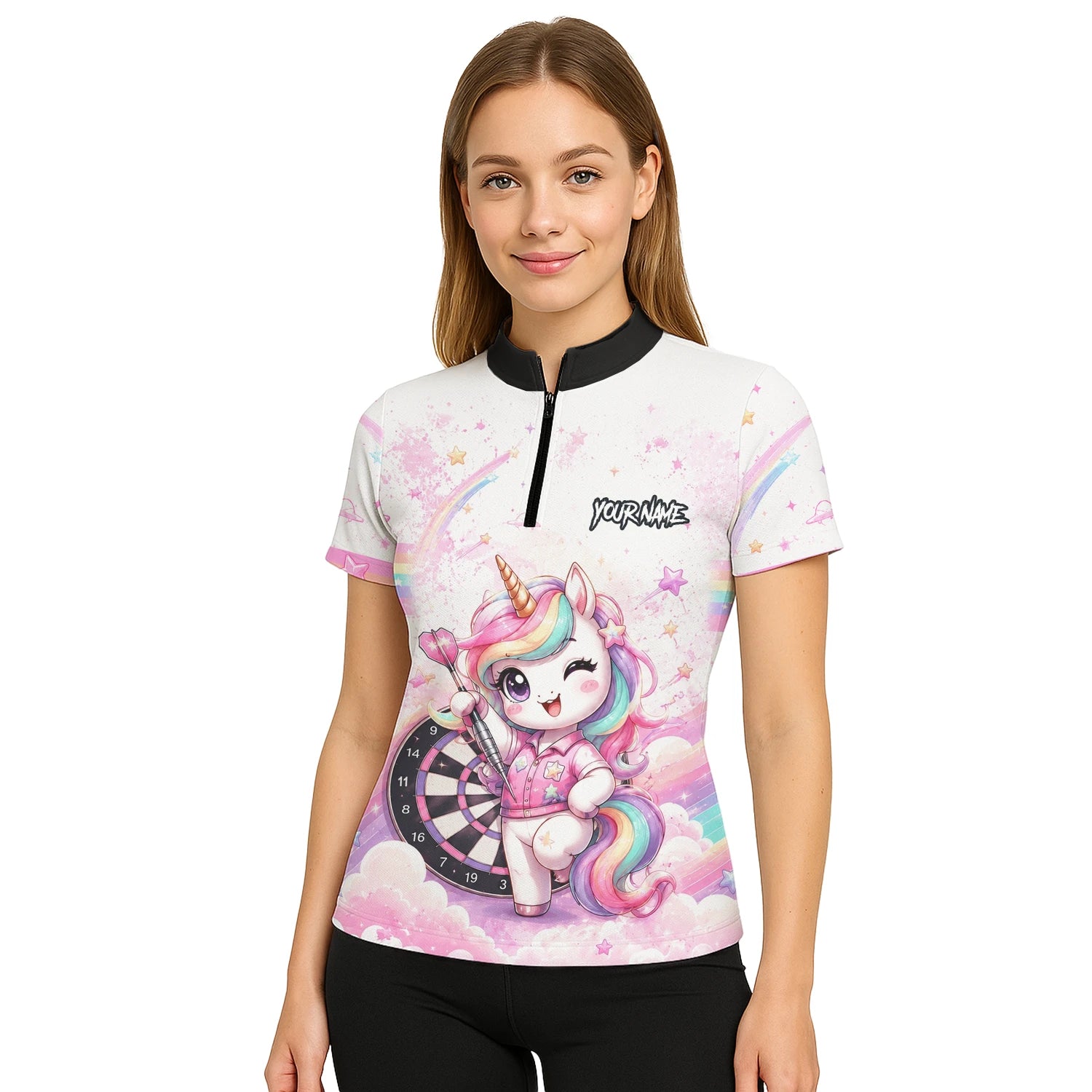 Personalisiertes Weiß-rosa Regenbogen-Einhorn-Dartshirt für Damen F188