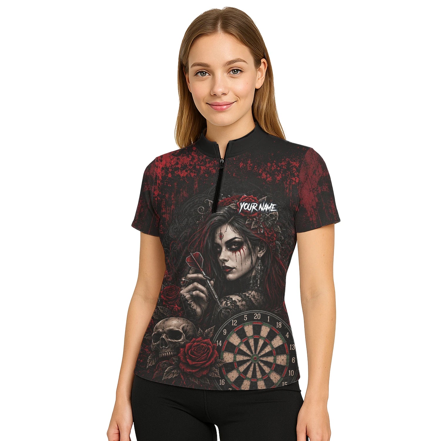 Personalisiertes Schwarz-rotes Gothic-Frauen-Totenkopf-Dartshirt für Damen W035