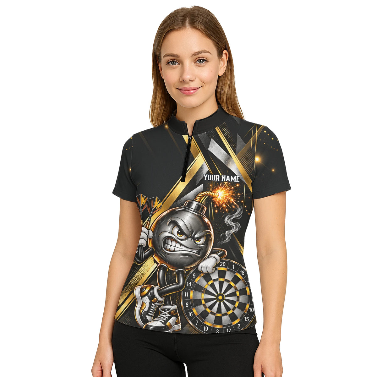 Personalisiertes Dartshirt in Schwarz und Gold mit wütender Comic-Bombe, Pokal und Dartscheibe für Damen R0150