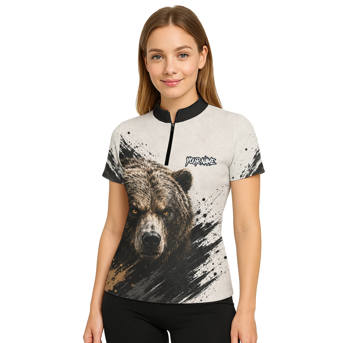 Personalisiertes Dartshirt mit weiß-schwarz-braunem Bären für Damen F926
