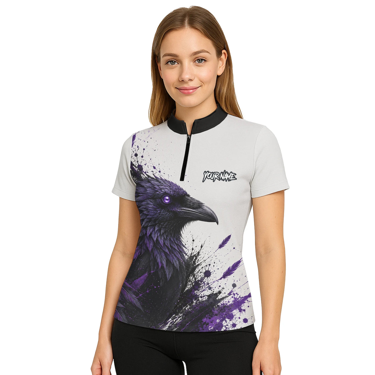 Personalisiertes Dartshirt mit weiß-schwarz-violettem Raben für Damen Z888