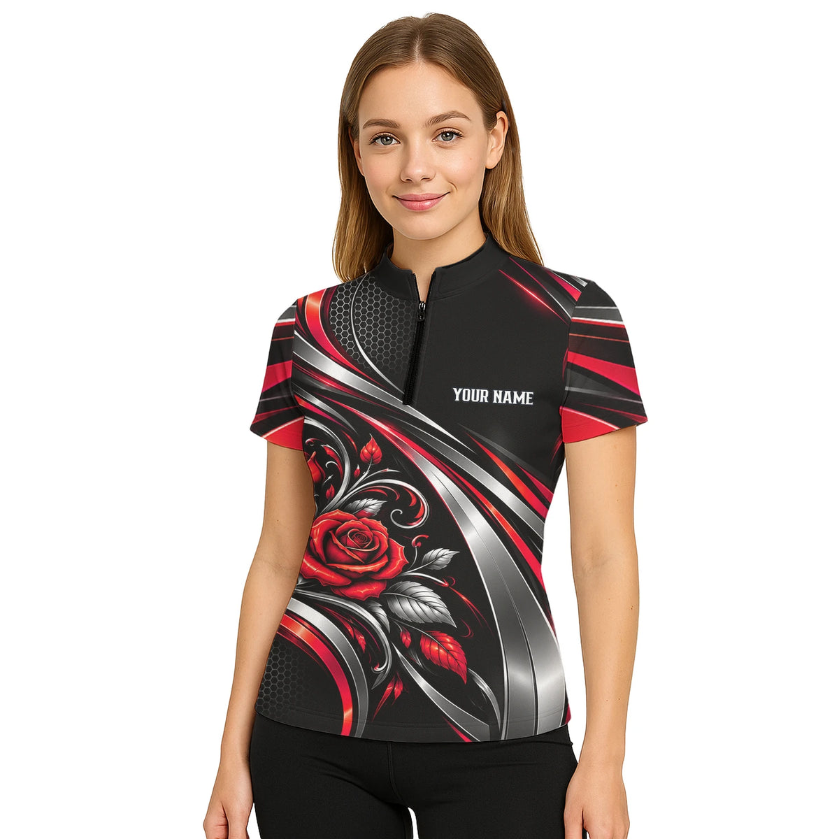 Personalisiertes Dartshirt in Schwarz, Rot und Silber mit Rosen, Flügeln und Dartscheibe für Damen Y2535