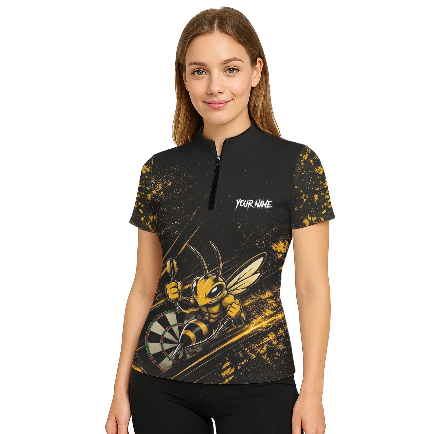 Personalisiertes Schwarz-goldenes Bienen-Dartboard Dartshirt für Damen L410