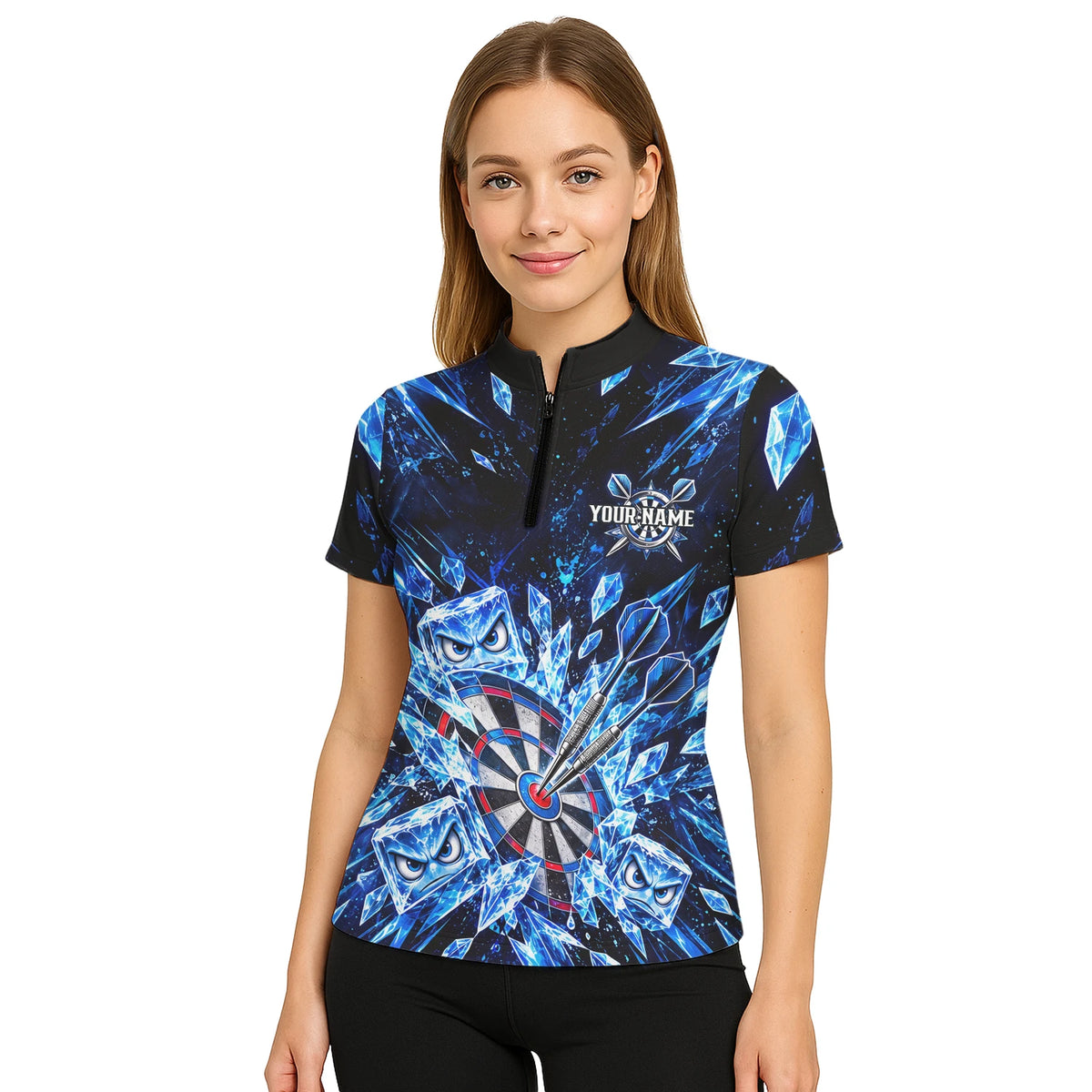 Personalisiertes Dartshirt in Schwarz und Blau mit Eiskristallen, Dartpfeilen und Dartscheibe für Damen X5114