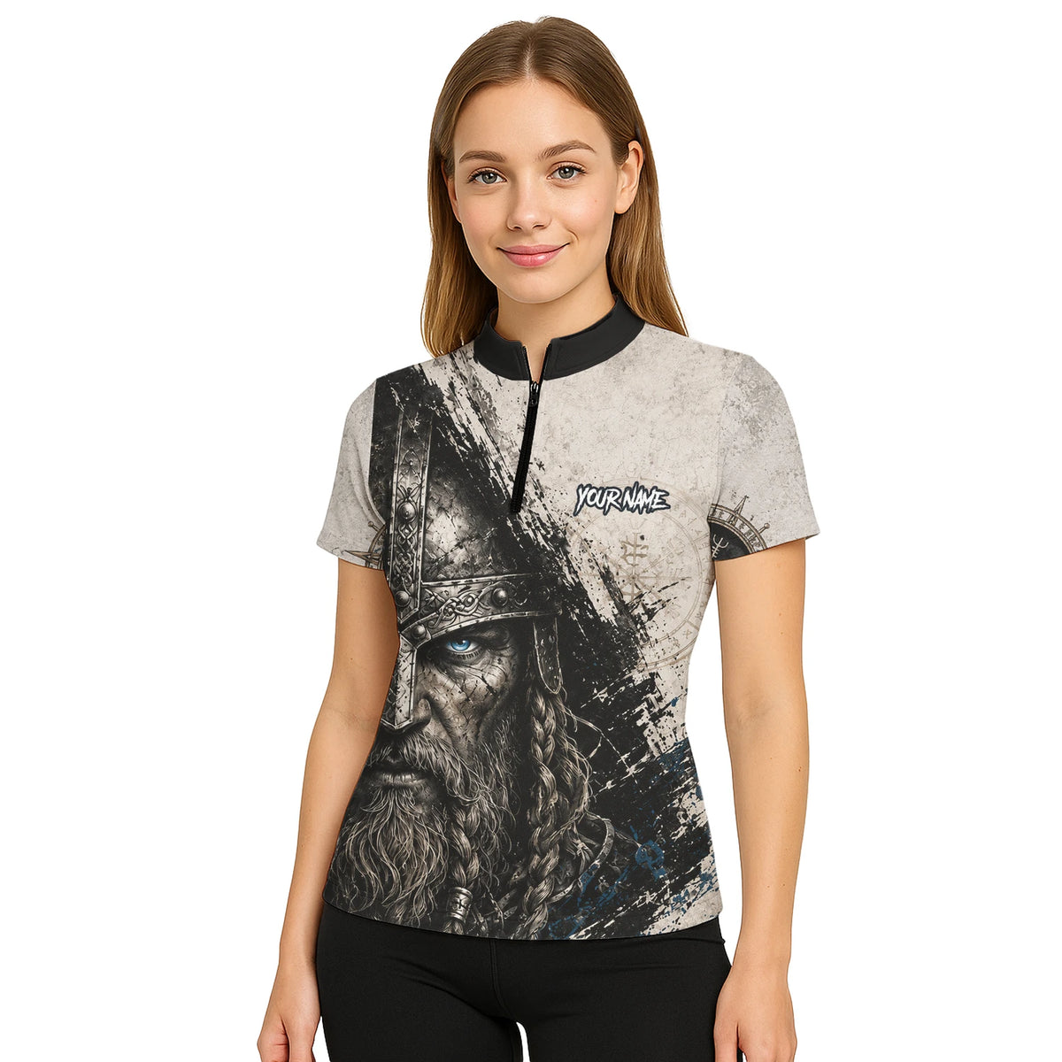 Personalisiertes Dartshirt mit weiß-schwarz-blauem Wikinger für Damen U843