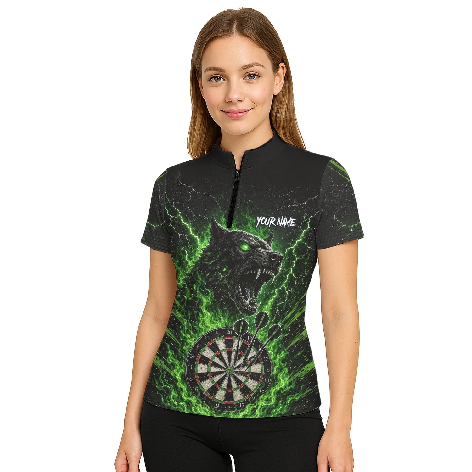 Personalisiertes Schwarz-grünes Wolf-Dartboard Dartshirt für Damen F303