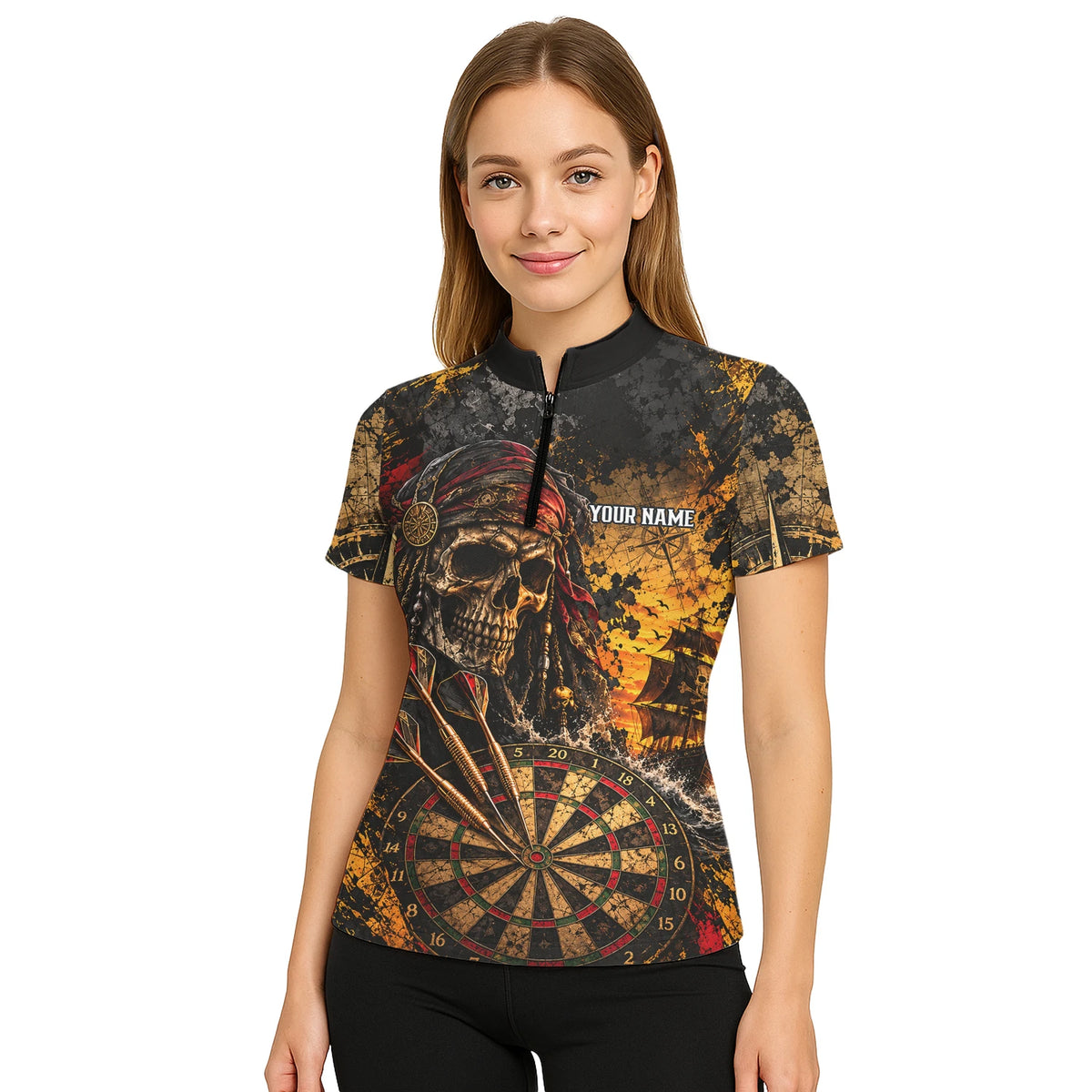 Personalisiertes Dartshirt in Schwarz und Gold mit Piraten-Totenkopf, Segelschiff und Dartscheibe für Damen N7943