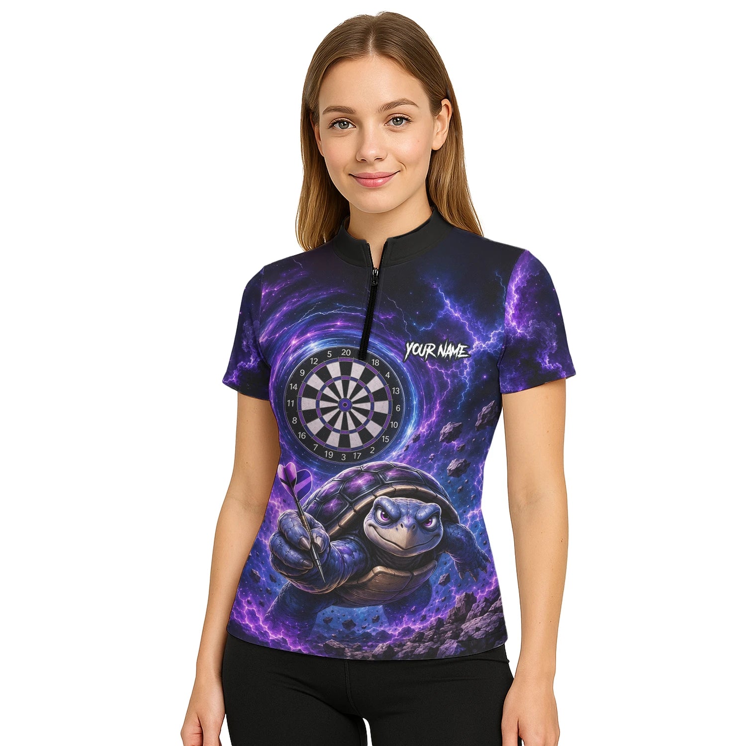 Personalisiertes Lila-schwarzes Schildkröten-Dartshirt für Damen F796