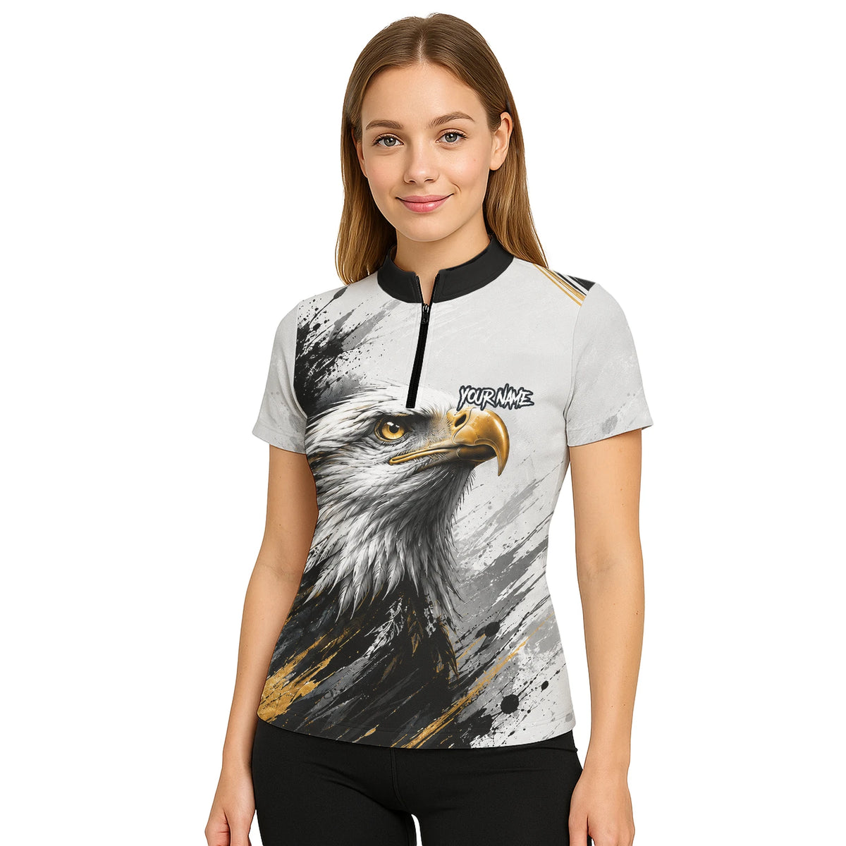 Personalisiertes Dartshirt mit weiß-schwarz-goldenem Weißkopfseeadler für Damen S805