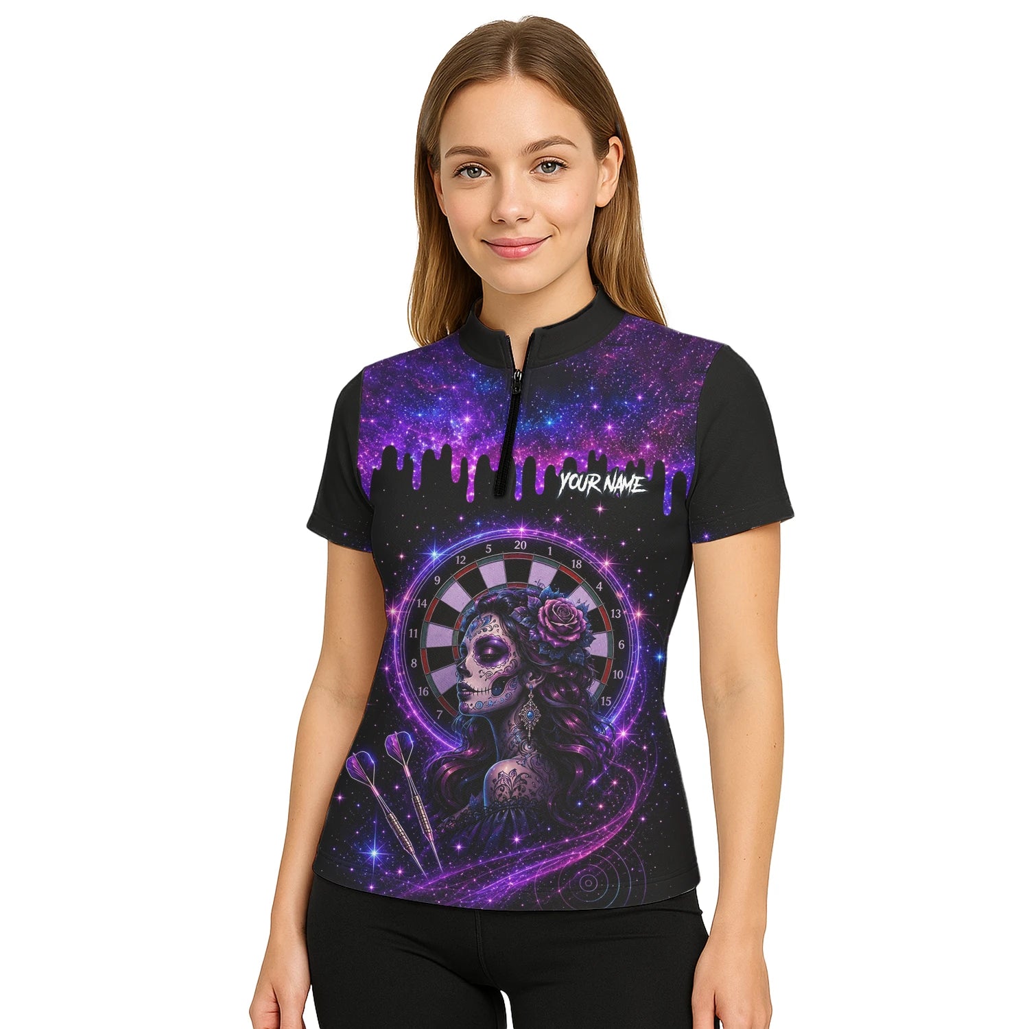Personalisiertes Lila Galaxie Sugar-Skull-Dartshirt für Damen Z967