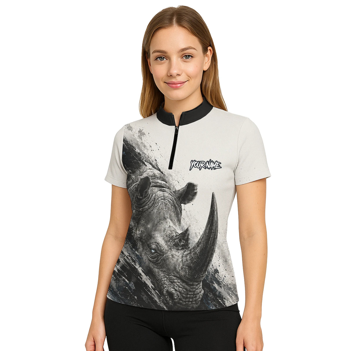 Personalisiertes Dartshirt mit weiß-schwarz-grauem Nashorn für Damen C312