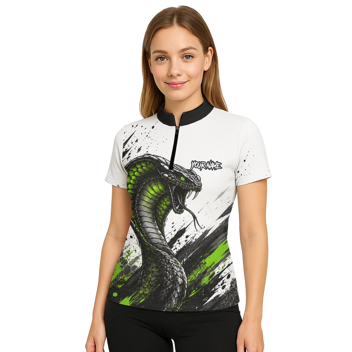 Personalisiertes Dartshirt mit weiß-schwarz-grüner Kobra für Damen Y070