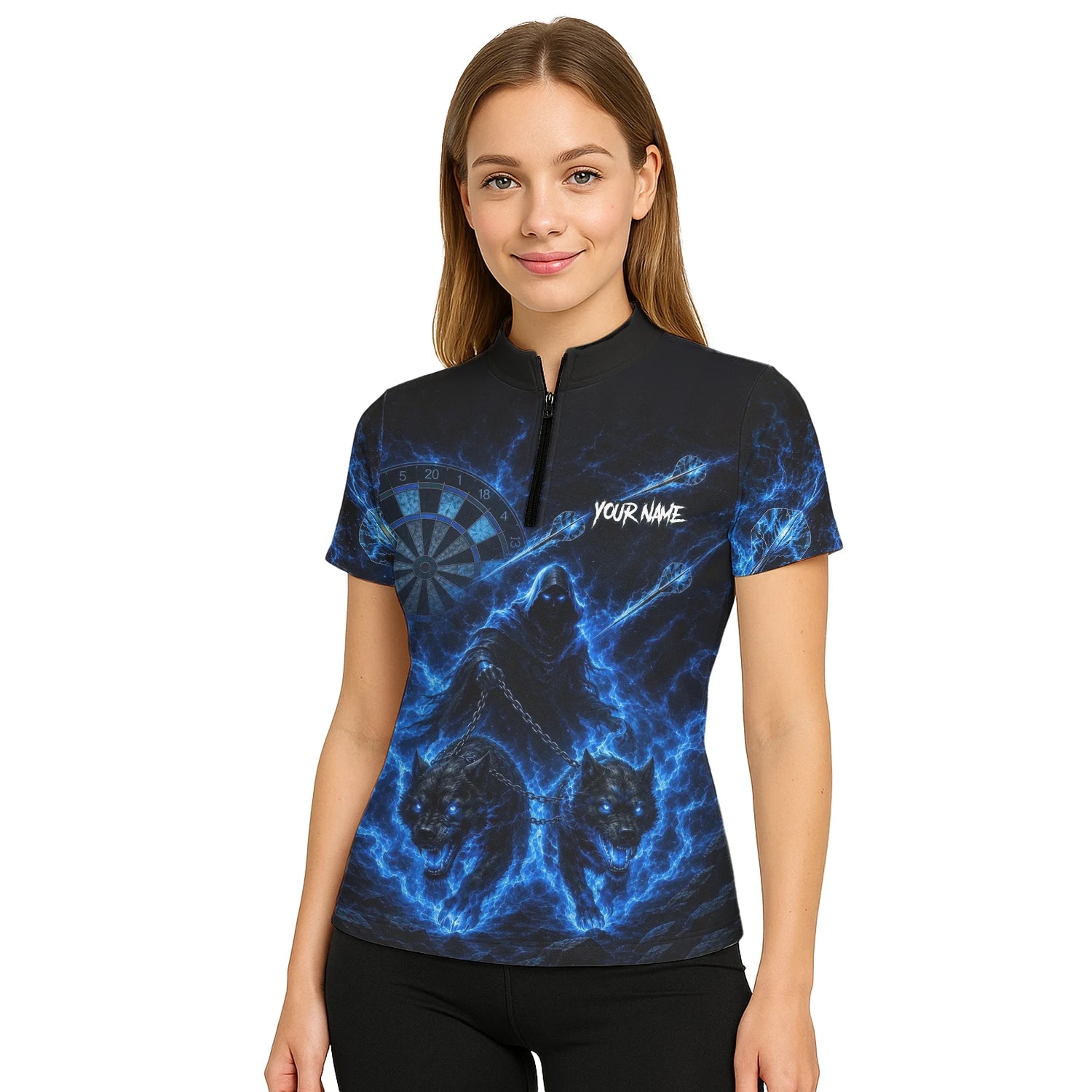 Personalisiertes Schwarz-blaues Sensenmann-und-Wölfe-Dartshirt für Damen X871