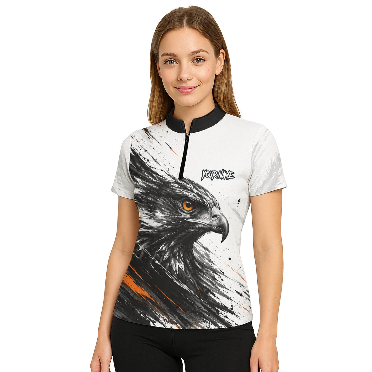 Personalisiertes Dartshirt mit weiß-schwarz-orangenem Adler für Damen V695