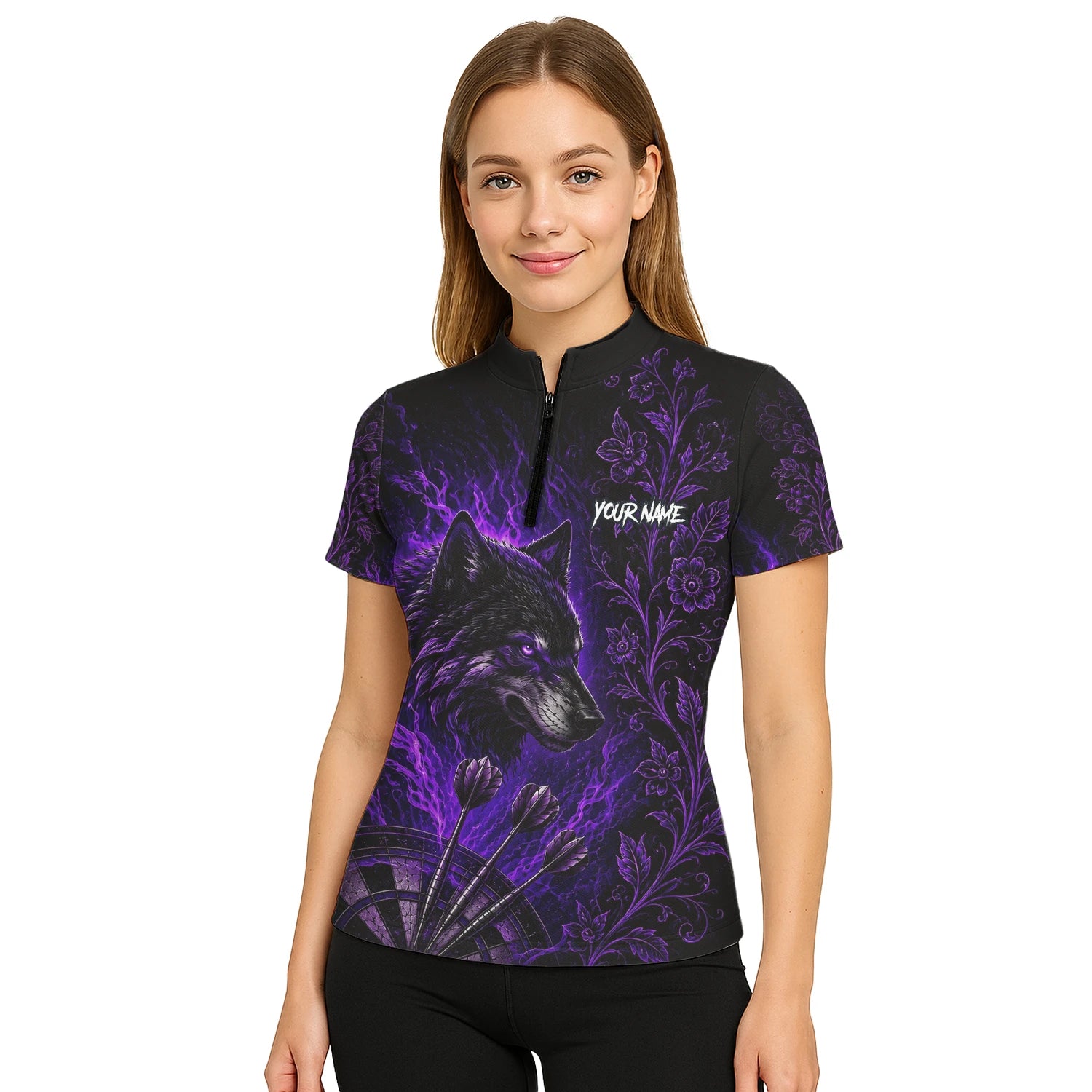 Personalisiertes Schwarz-lila Wolf-Dartboard Dartshirt für Damen J133