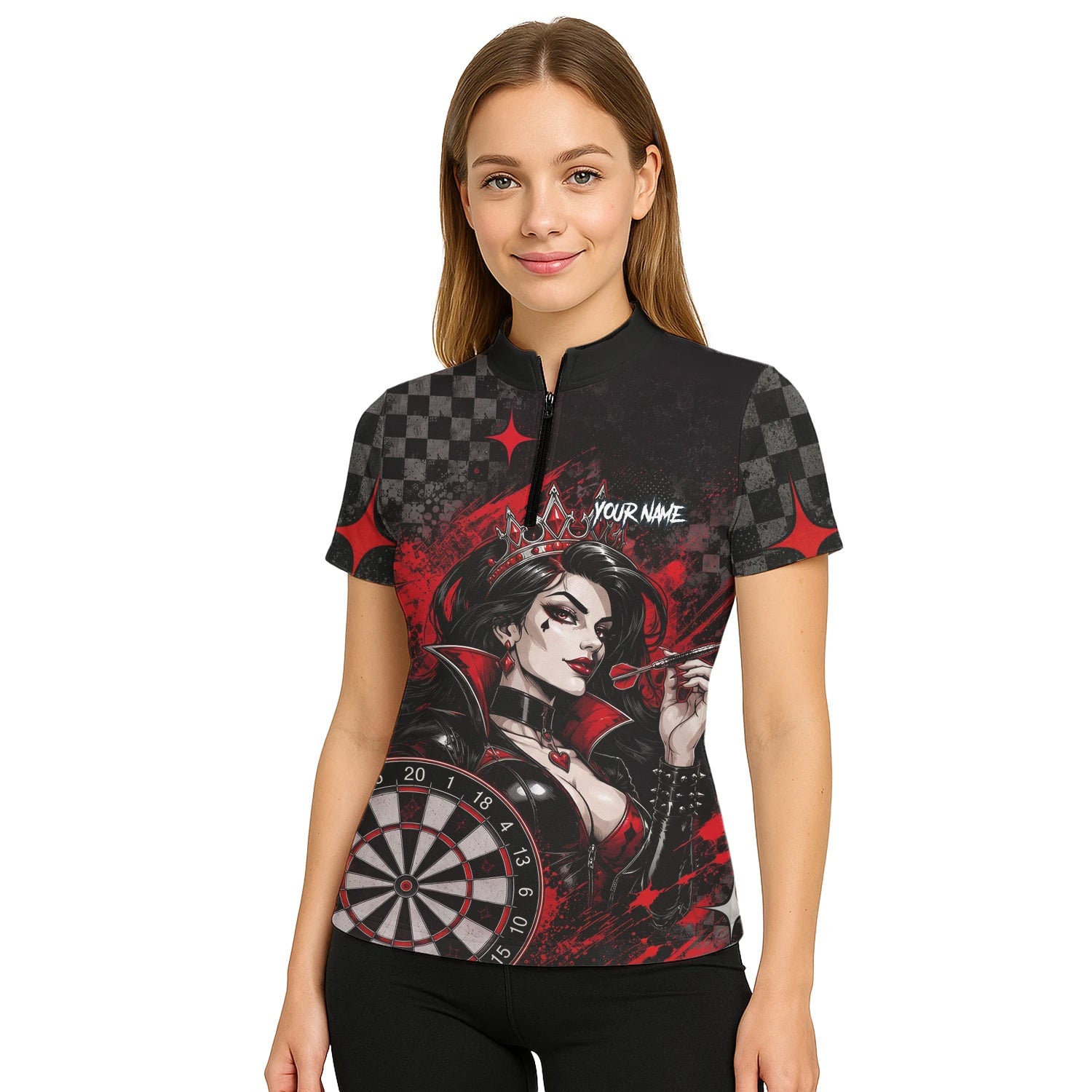 Personalisiertes Schwarz-rotes Herz-Dame-Dartshirt für Damen R803