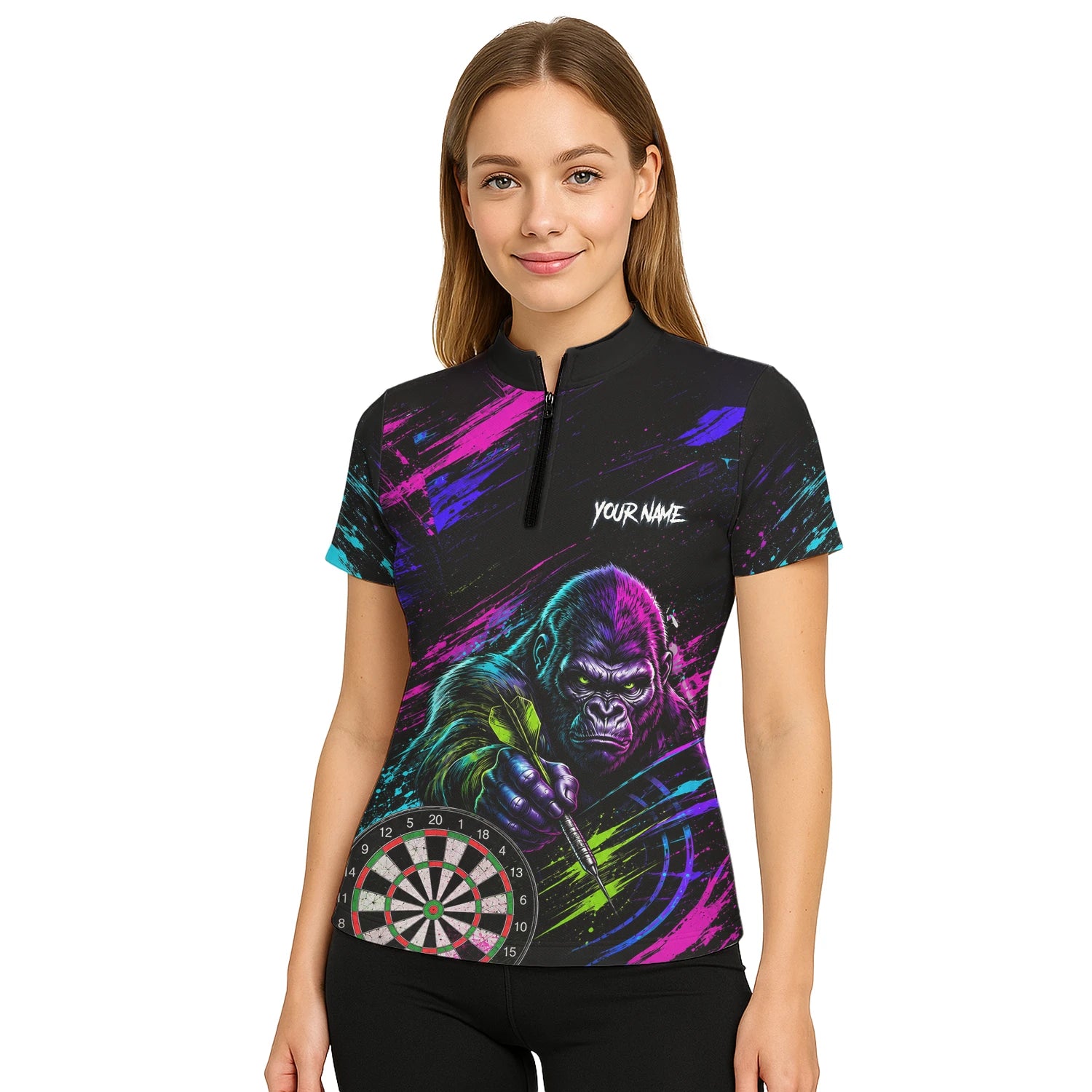 Personalisiertes Schwarz-pink-lila Gorilla-Dartshirt für Damen U874