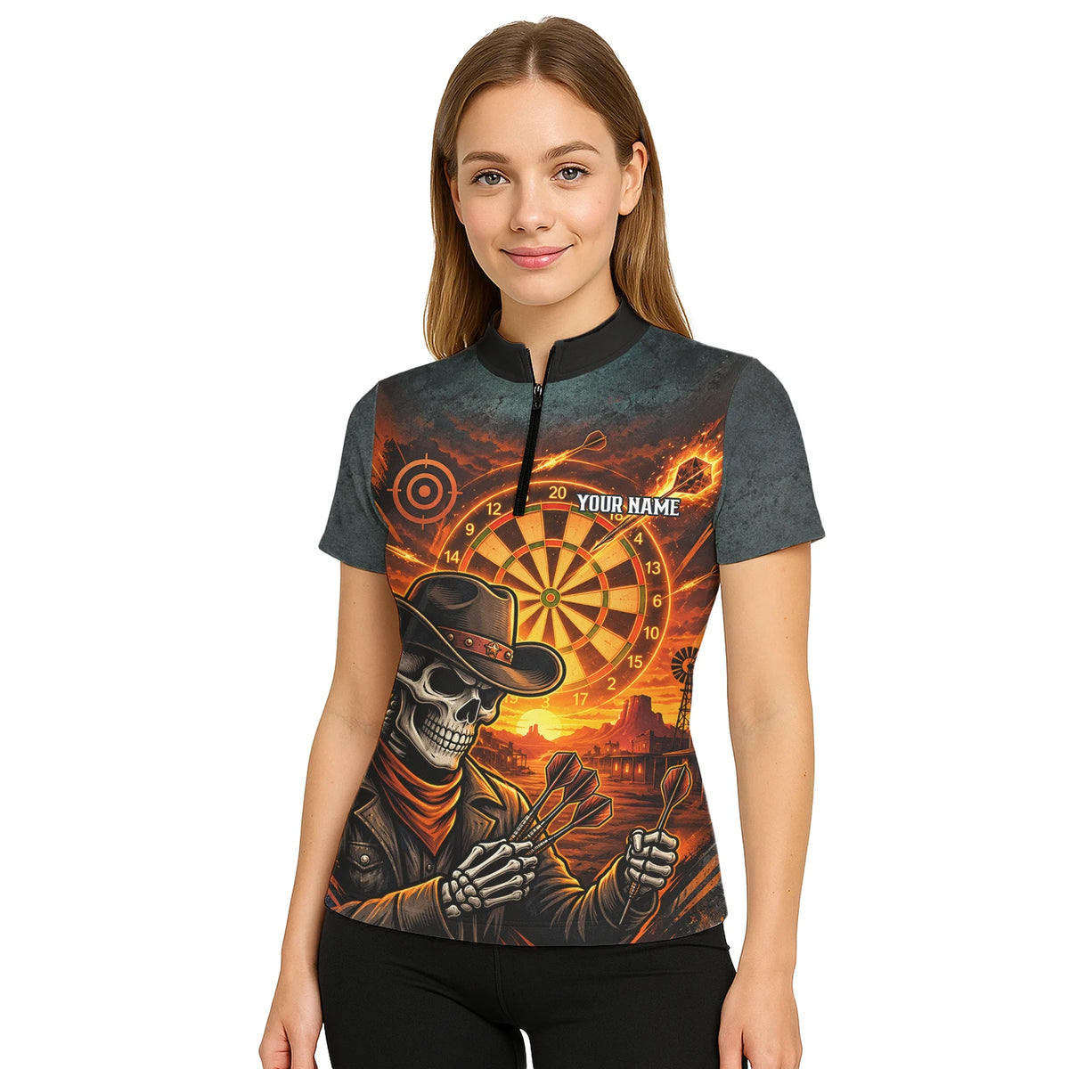 Personalisiertes Dartshirt in Schwarz und Orange mit Western-Cowboy-Totenkopf und Dartscheibe für Damen L8691