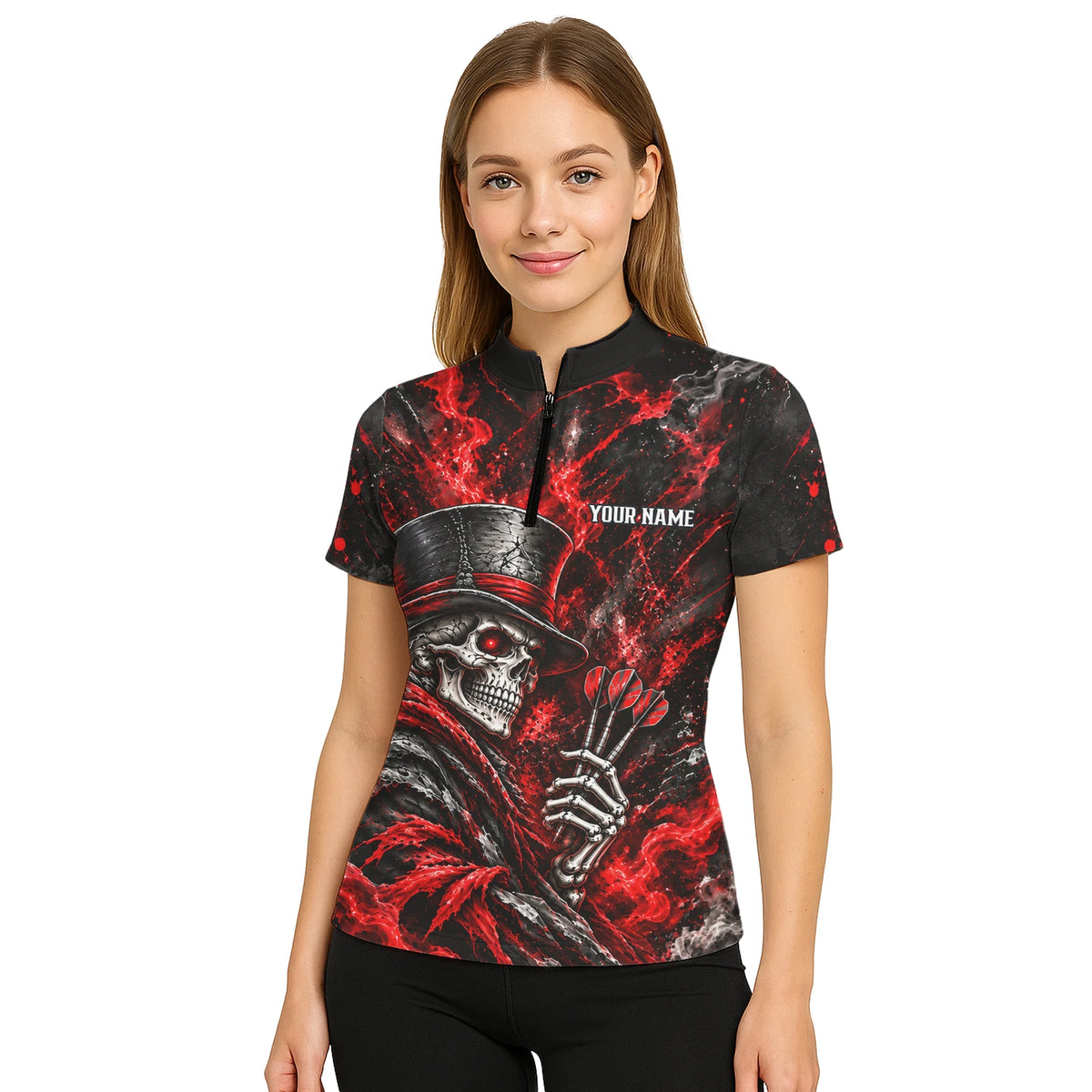 Personalisiertes Dartshirt in Schwarz und Rot mit Skelett, Zylinder, Dartpfeilen und Dartscheibe für Damen R5016