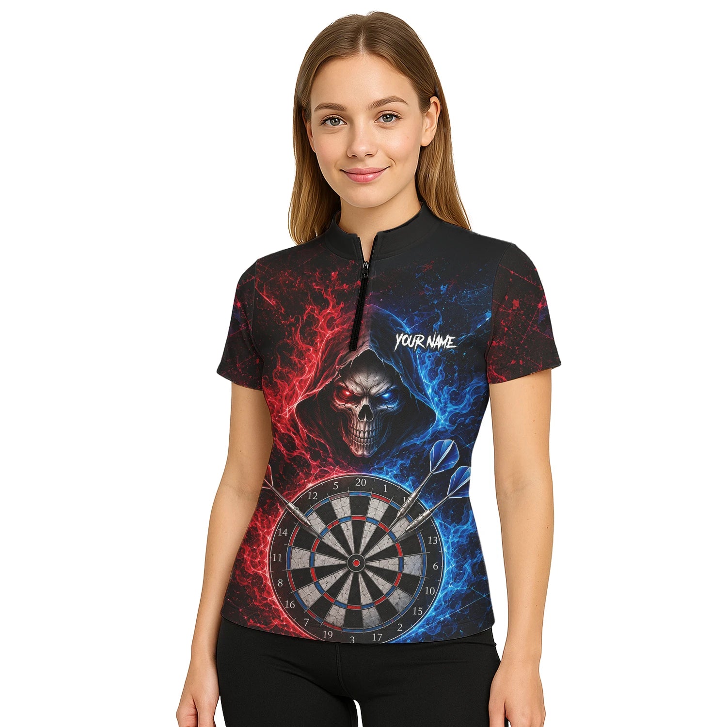 Personalisiertes Rot-blaues Totenkopf Dart Poloshirt für Damen L857