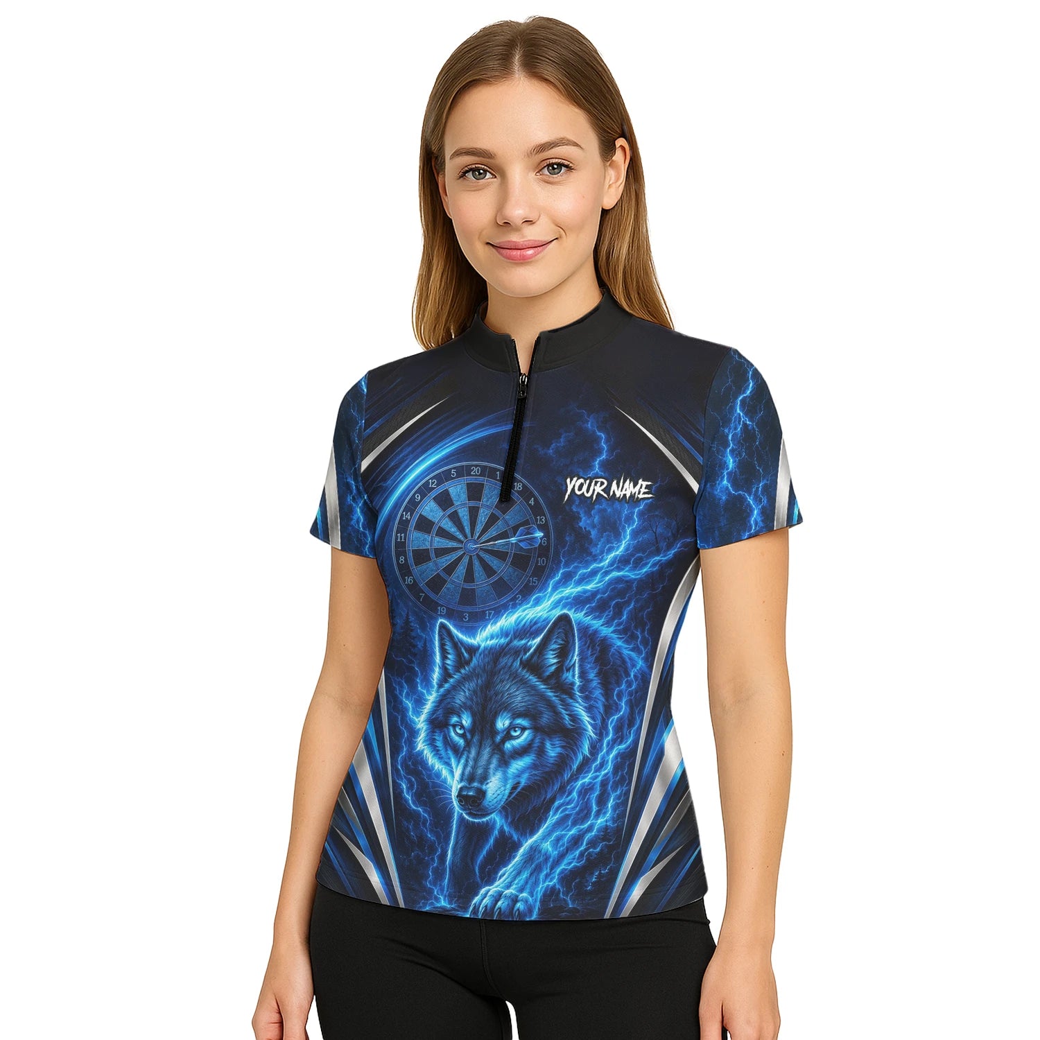 Personalisiertes Schwarz-blaues Wolf-Blitz-Dartshirt für Damen X929