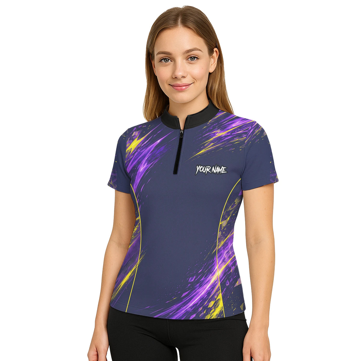 Personalisiertes Dartshirt mit dunkelblau-lila-gelbem abstraktem Design für Damen D517