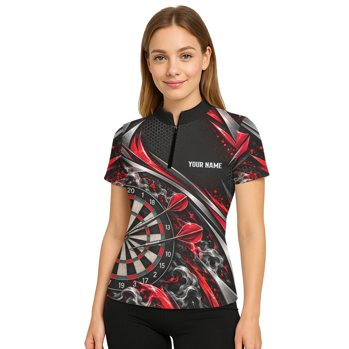 Personalisiertes Dartshirt in Schwarz, Rot und Silber mit geschwungenen Linien und Dartscheibe für Damen L9172