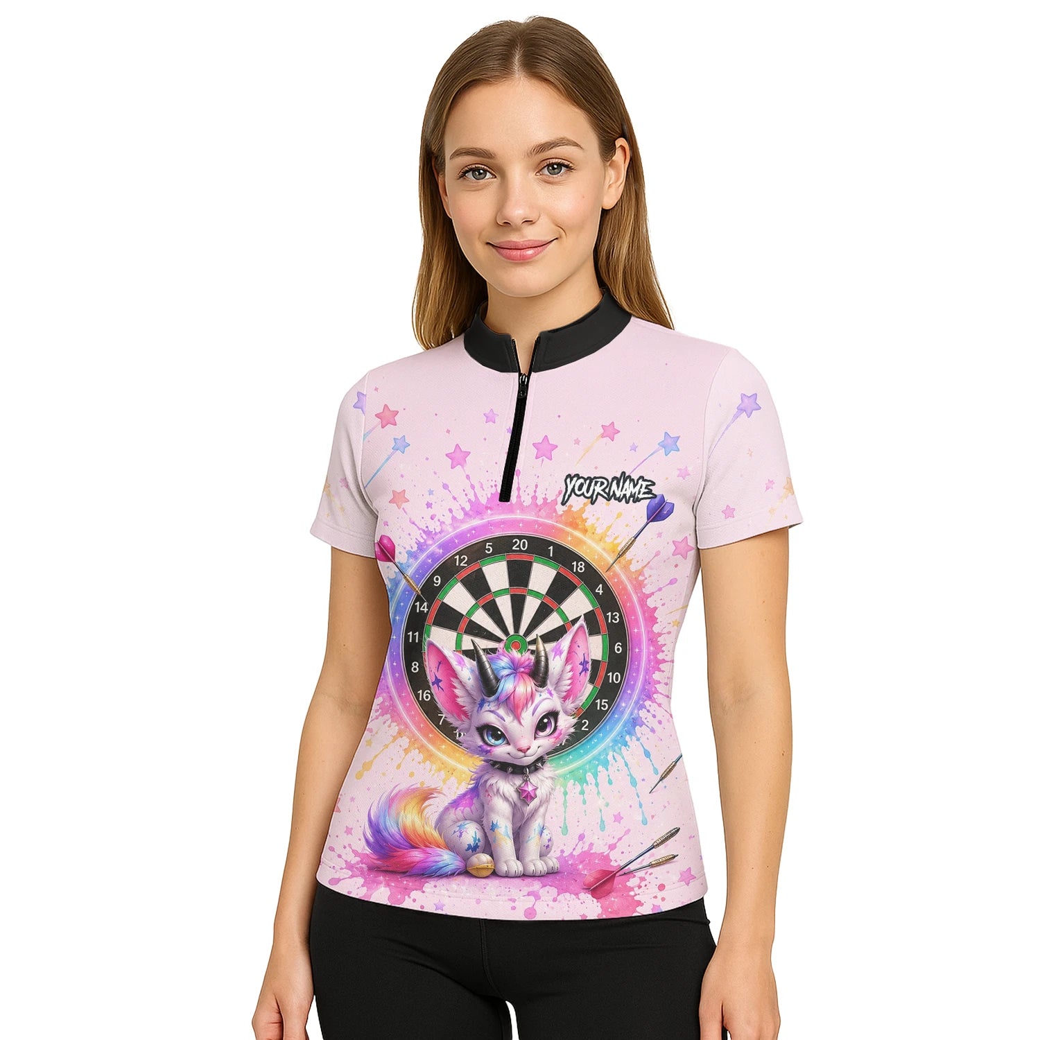 Personalisiertes Rosa Regenbogen Einhorn-Katzen-Dartshirt für Damen X398