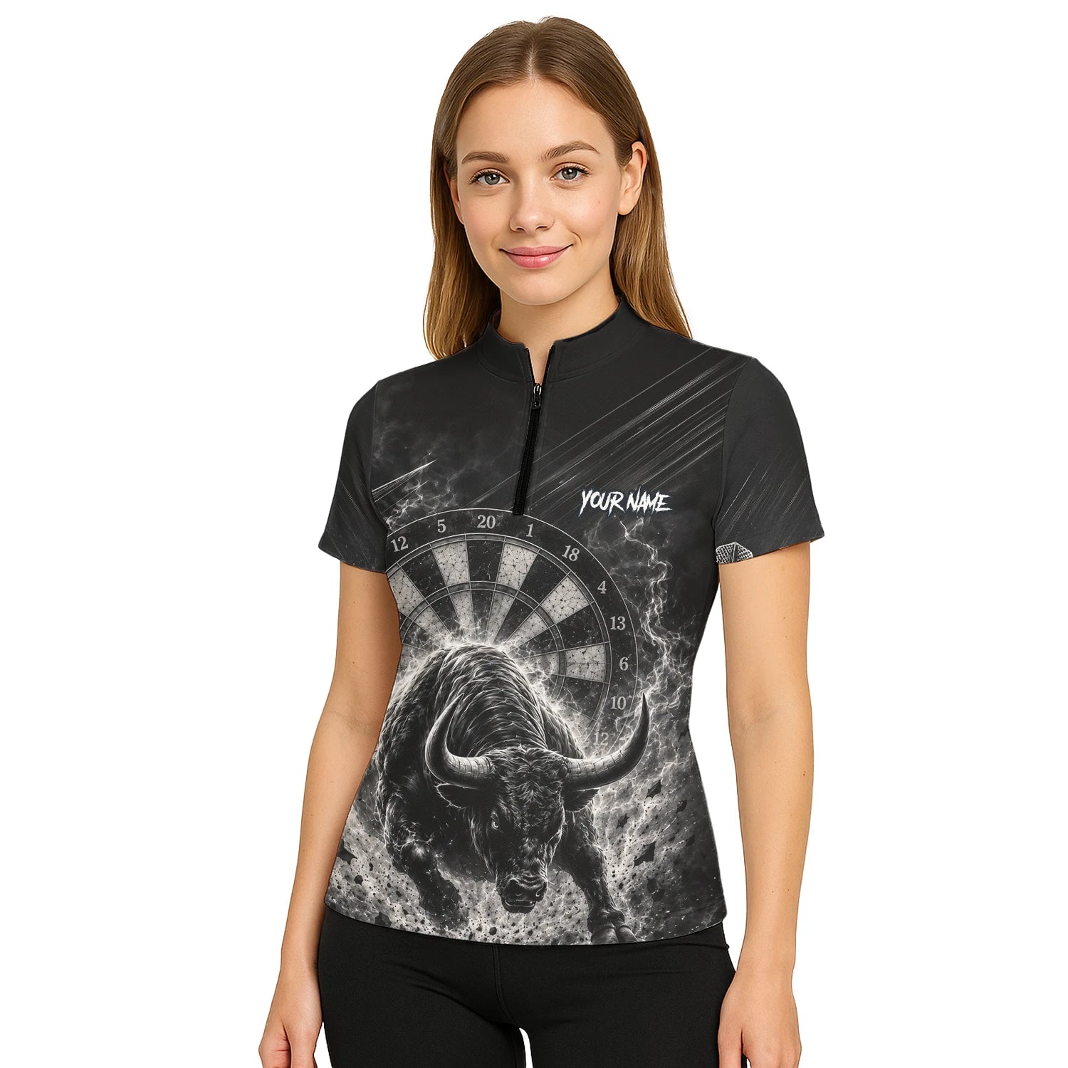 Personalisiertes Schwarz-weißes Stierkopf-Dartshirt für Damen V420