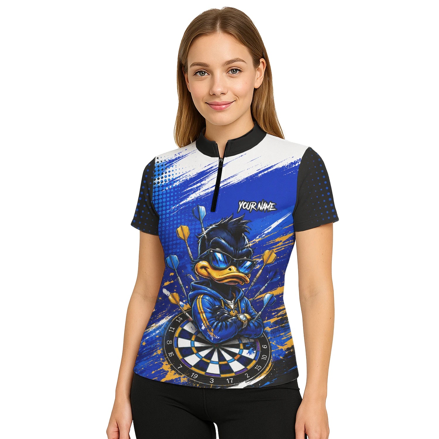Personalisiertes Blau-goldenes Enten Dart Poloshirt für Damen L859
