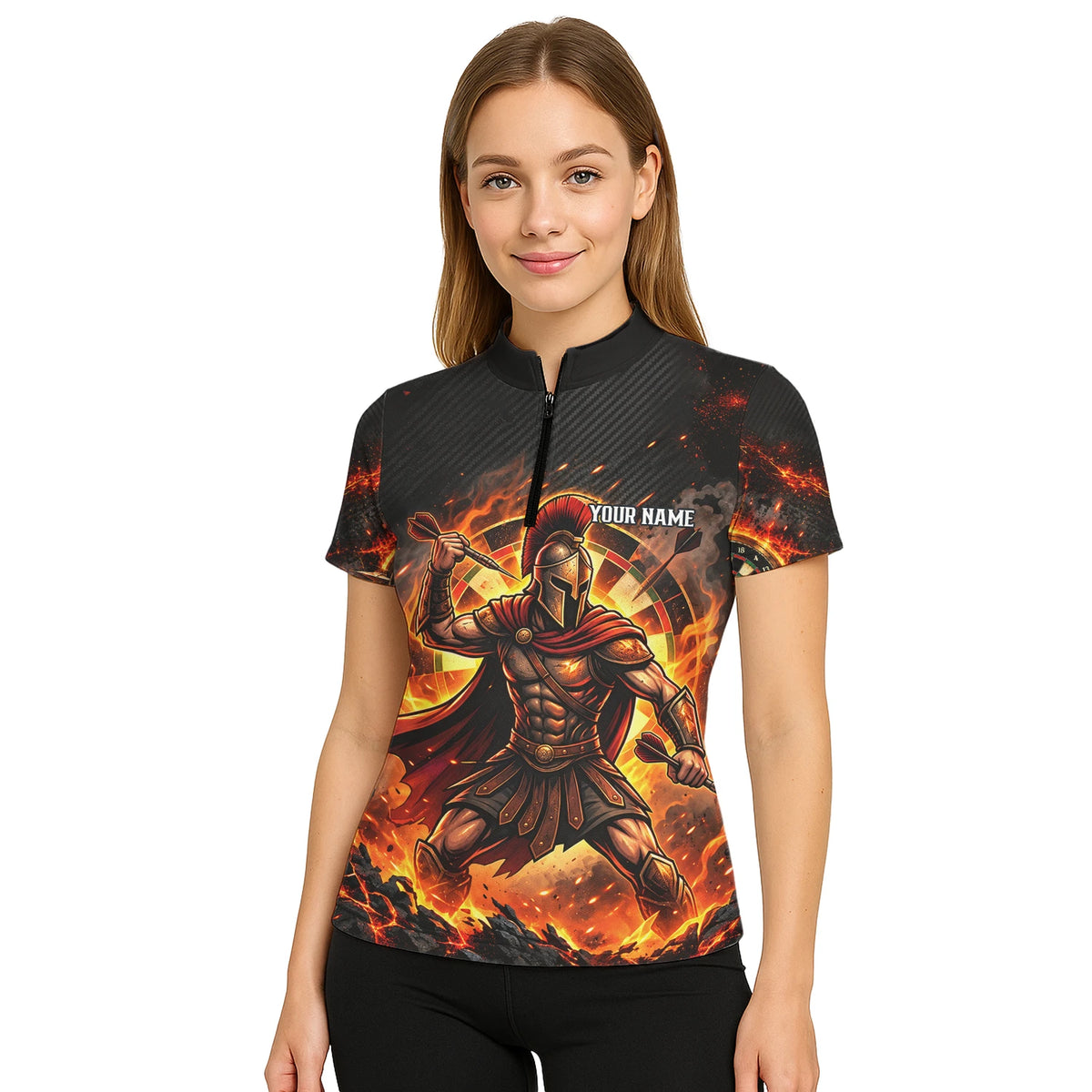 Personalisiertes Dartshirt in Schwarz, Rot und Orange mit spartanischem Krieger, Flammen und Dartscheibe für Damen X1710