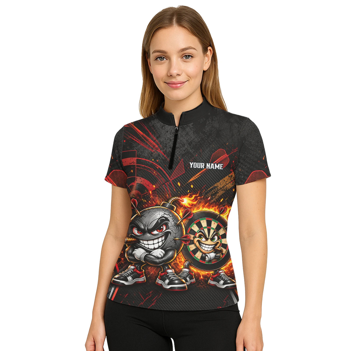Personalisiertes Dartshirt mit schwarz-roter wütender Comic-Bombe und Dartscheibe für Damen C3423