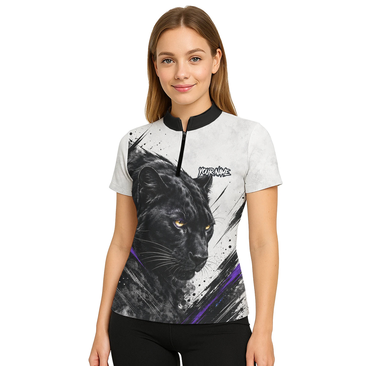 Personalisiertes Dartshirt mit weiß-schwarz-violettem Panther für Damen W442