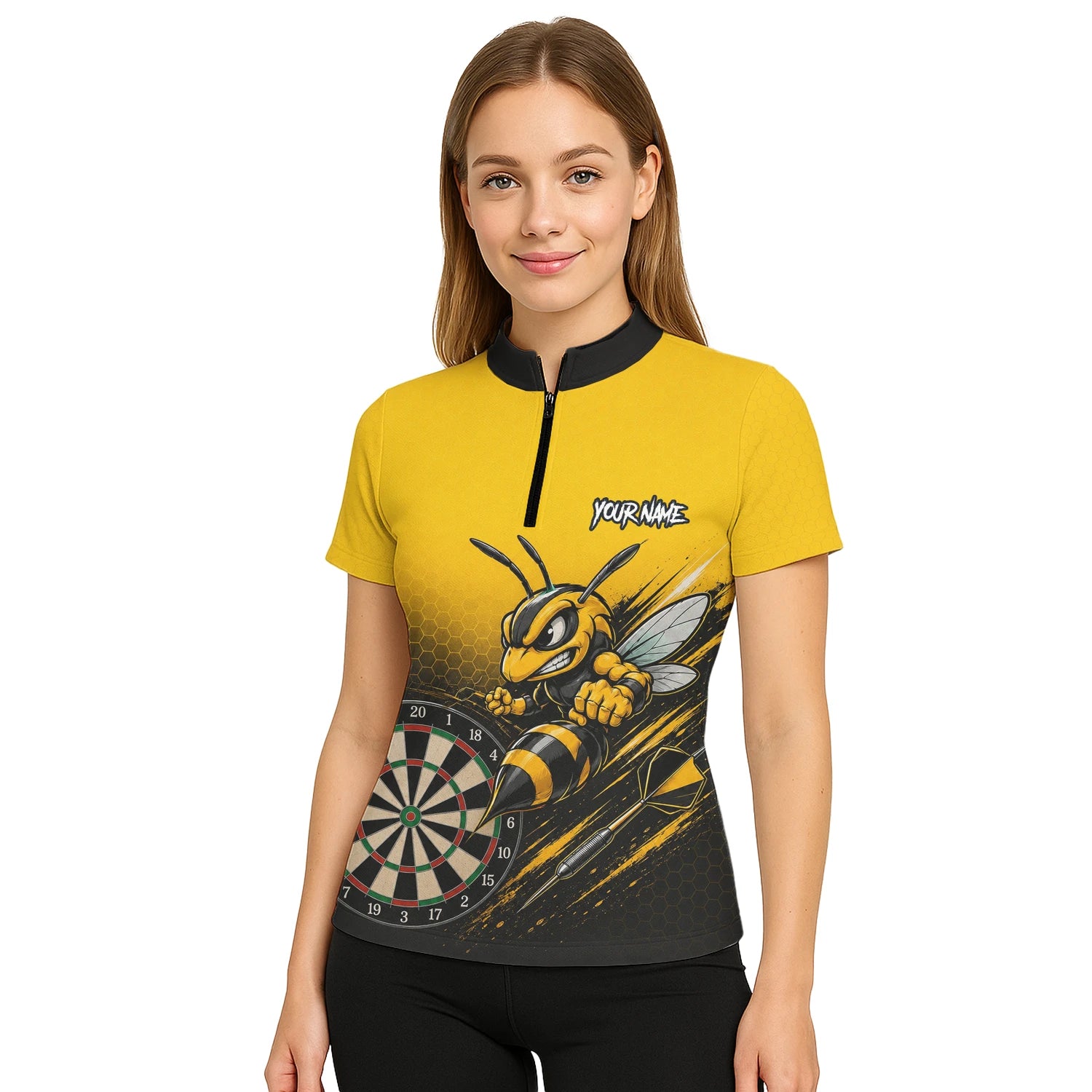 Personalisiertes Gelb-schwarzes Wespen-Dartshirt für Damen F032