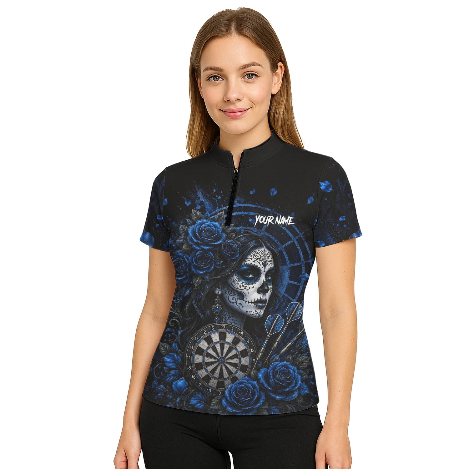 Personalisiertes Schwarz-blaues Sugar-Skull-Rosen-Dartshirt für Damen I884