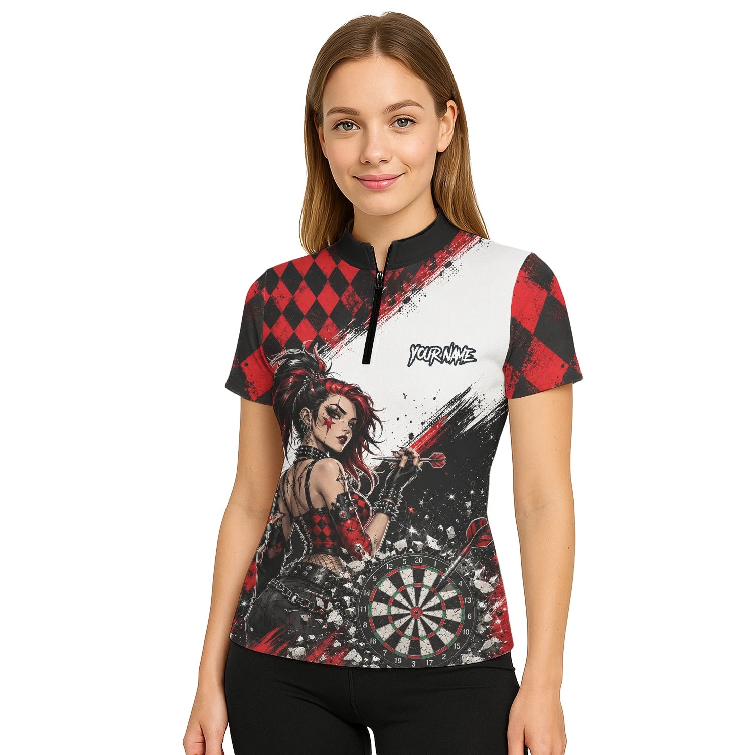 Personalisiertes Rot-schwarzes Gothic-Harlekin Dart Poloshirt für Damen K572