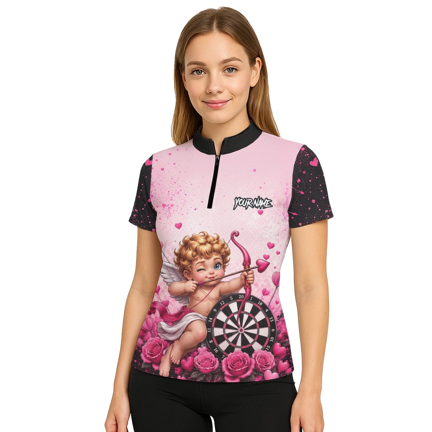 Personalisiertes Pink-schwarzes Amor-Dartboard Dartshirt für Damen I643