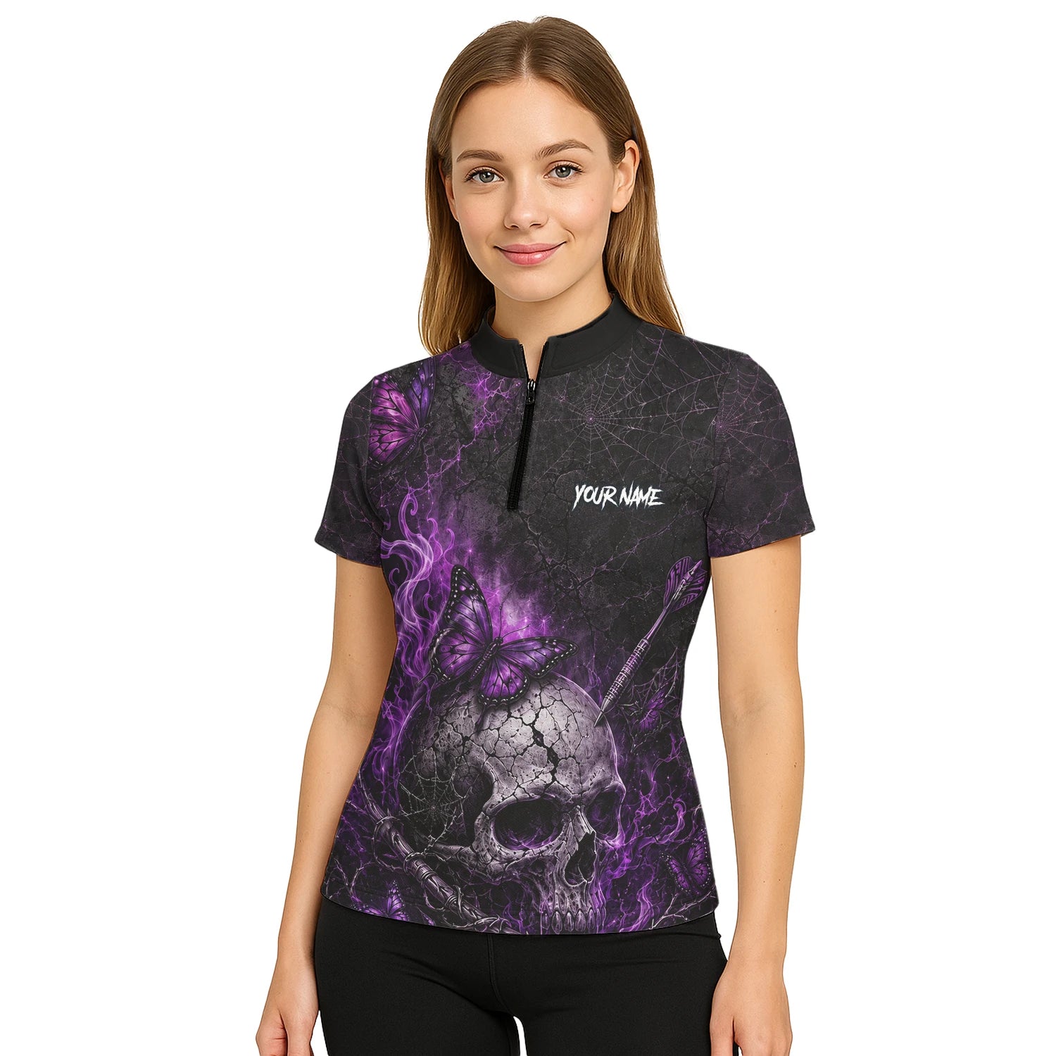 Personalisiertes Schwarz-lila Totenkopf-Schmetterling-Dartshirt für Damen Q241