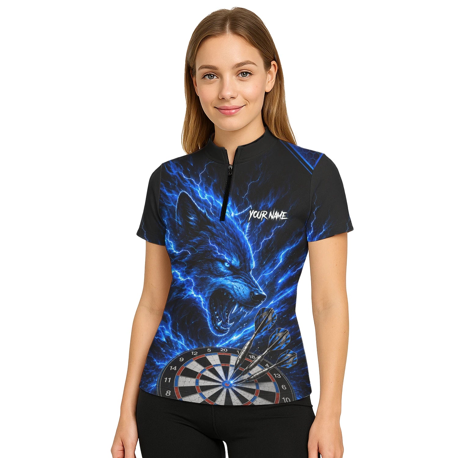 Personalisiertes Schwarz-blaues Wolf-Blitz-Dartshirt für Damen Y375