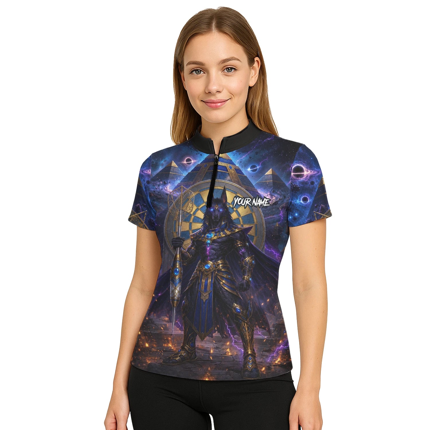 Personalisiertes Blau-gold-schwarzes Anubis-Dartshirt für Damen N118
