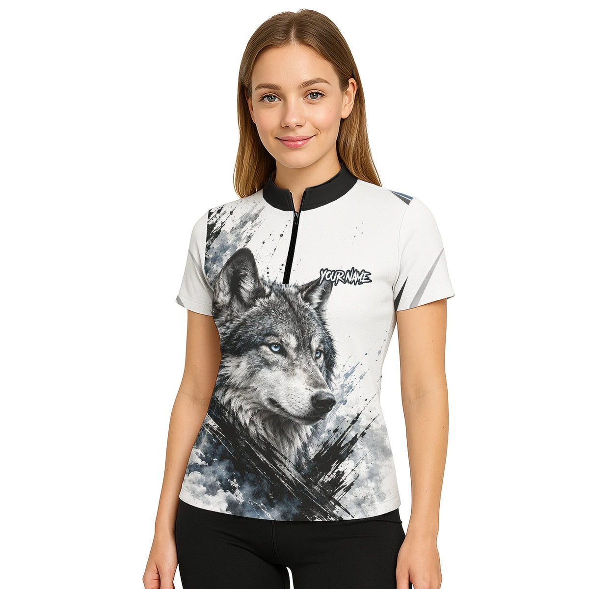 Personalisiertes Dartshirt mit weiß-schwarz-blauem Wolf für Damen P634