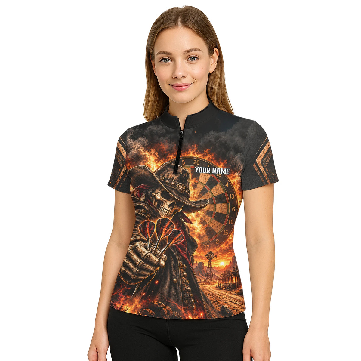 Personalisiertes Dartshirt in Schwarz und Orange mit Cowboy-Totenkopf, Flammen und Dartscheibe für Damen G9772
