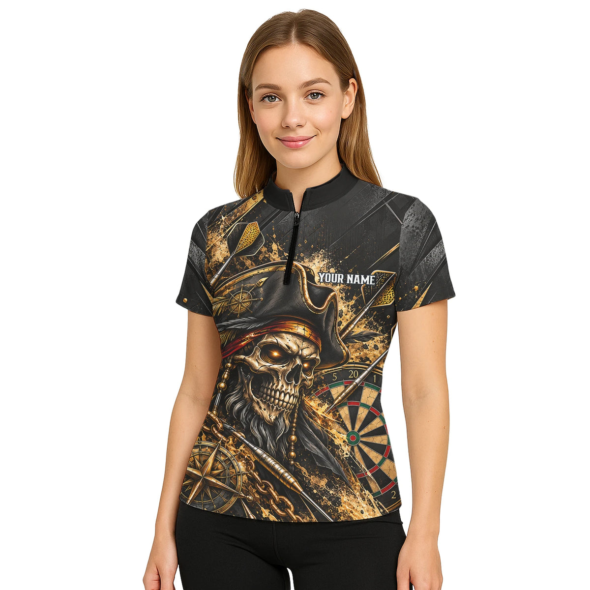 Personalisiertes Dartshirt in Schwarz und Gold mit Piraten-Totenkopf und Dartscheibe für Damen X7403